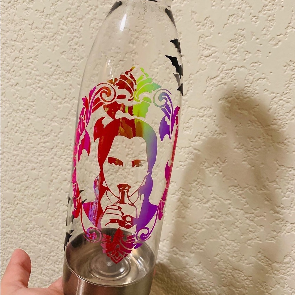 Holographic Wednesday and black bats handmade bottle